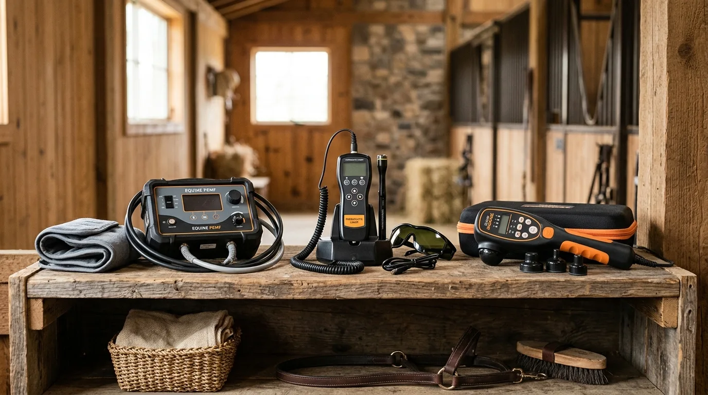 Equine therapy equipment on a wooden barn shelf