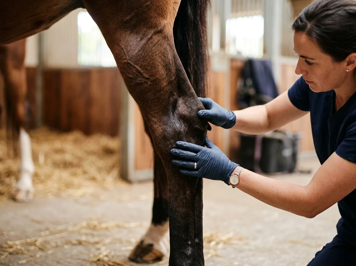 Close-up of horse hock joint being examined