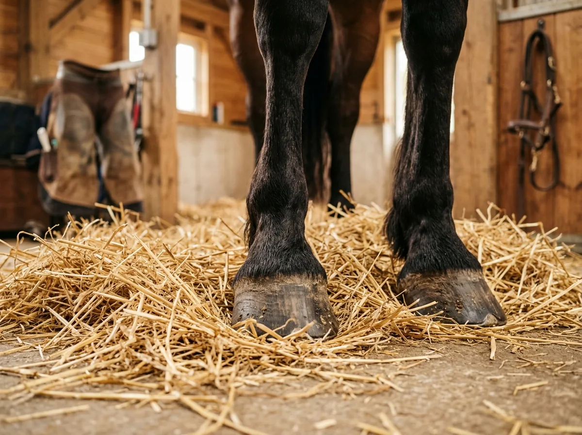 Horse hooves on fresh straw bedding in a warm barn