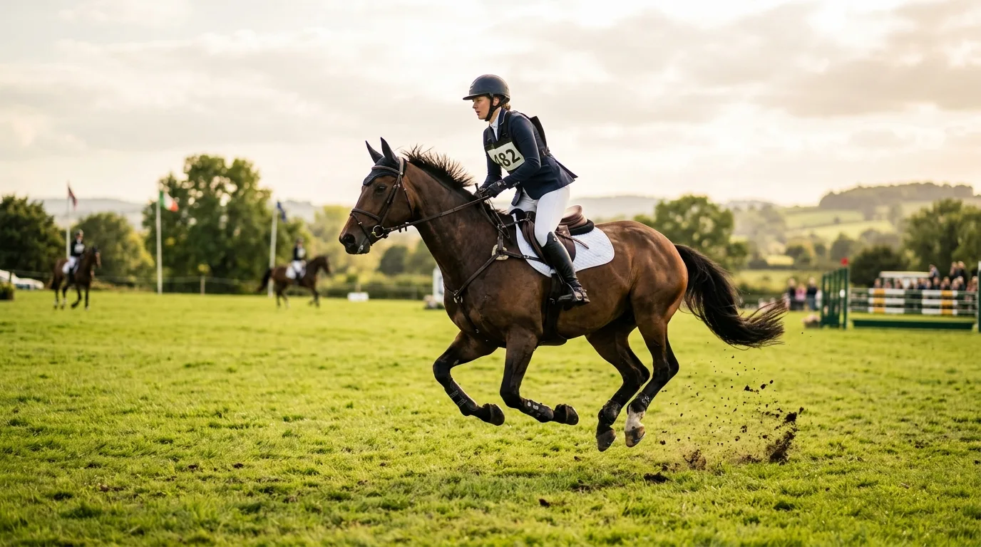 Horse and rider galloping across a green field