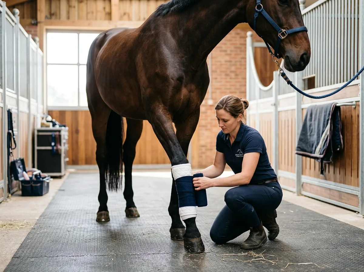 Horse leg being wrapped with therapeutic bandages