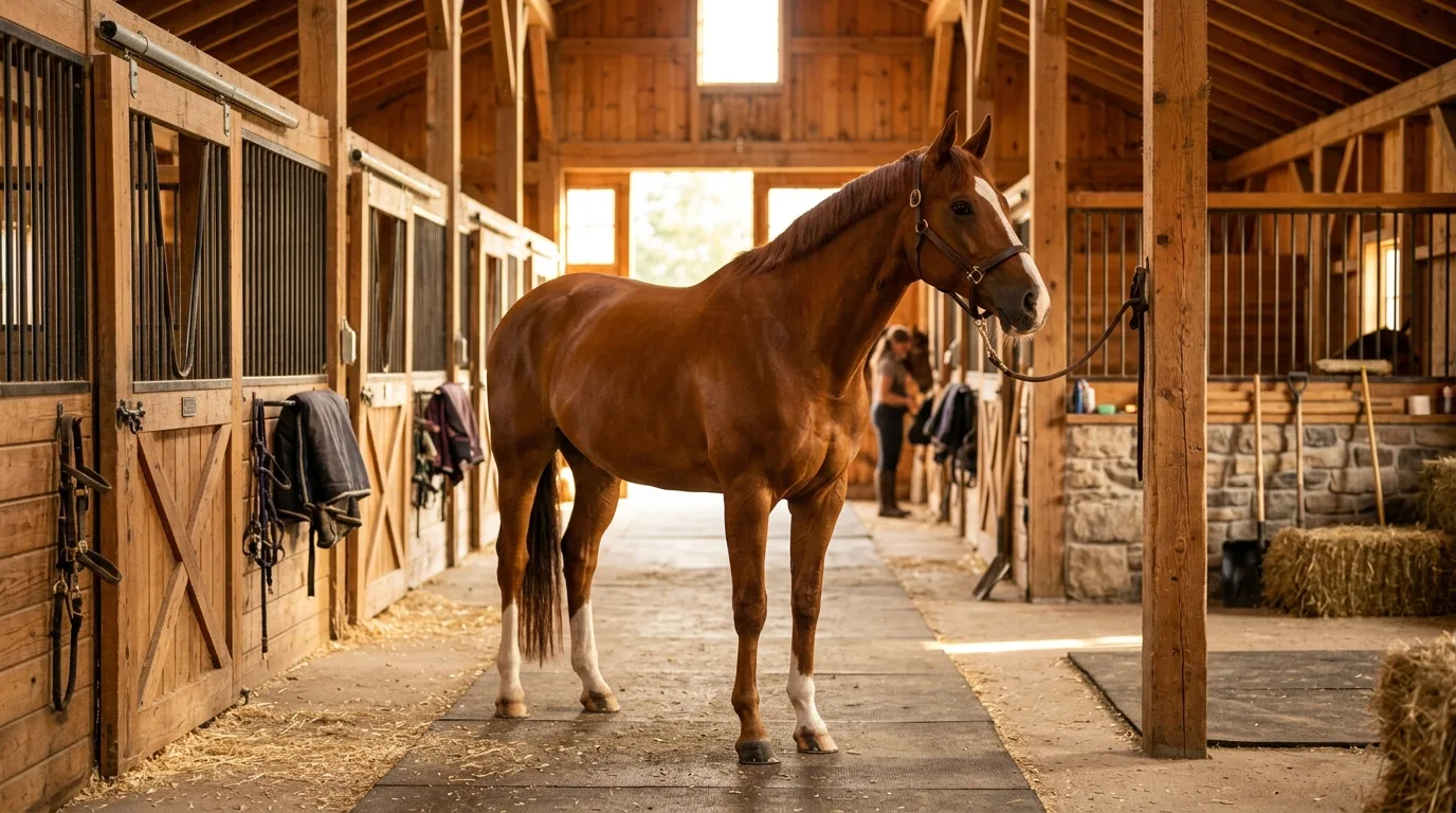 Chestnut horse standing relaxed in a sunlit barn aisle in rural Ontario