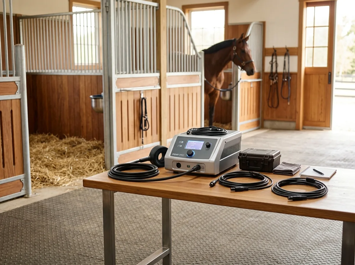 Professional PEMF therapy equipment set up in a clean horse barn